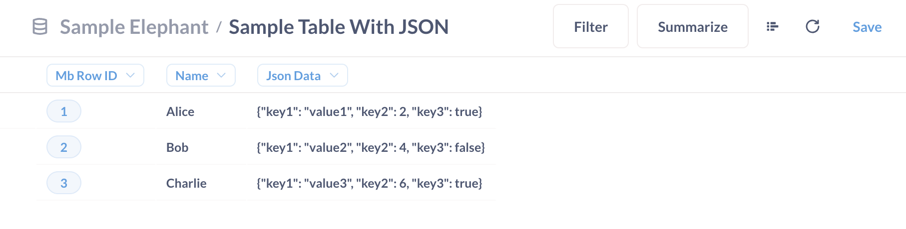 A table with a JSON column