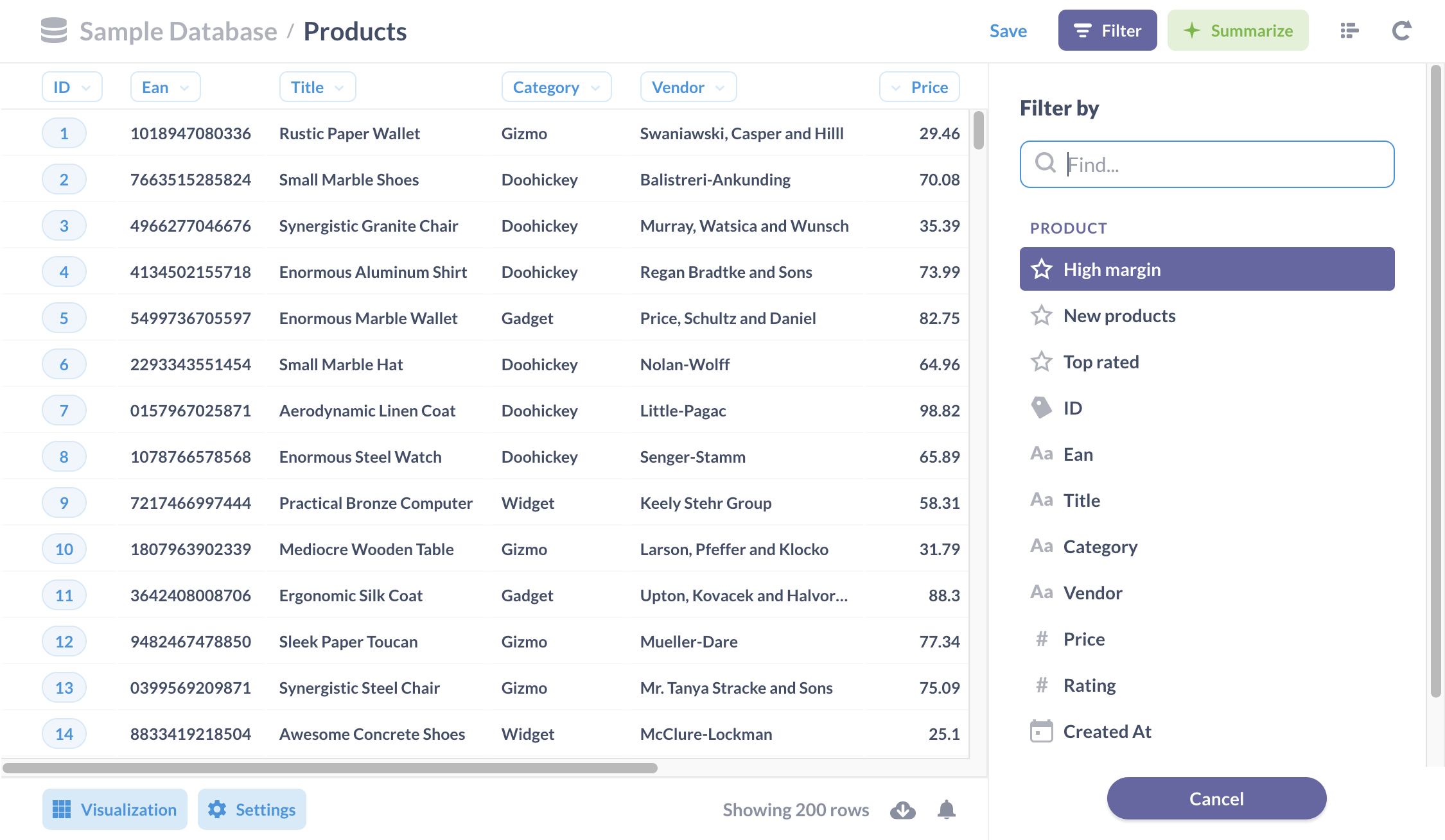 <em>Fig. 1</em>. Three segments that we've added to the <strong>Products</strong> table: high margin, new products, and top rated products.