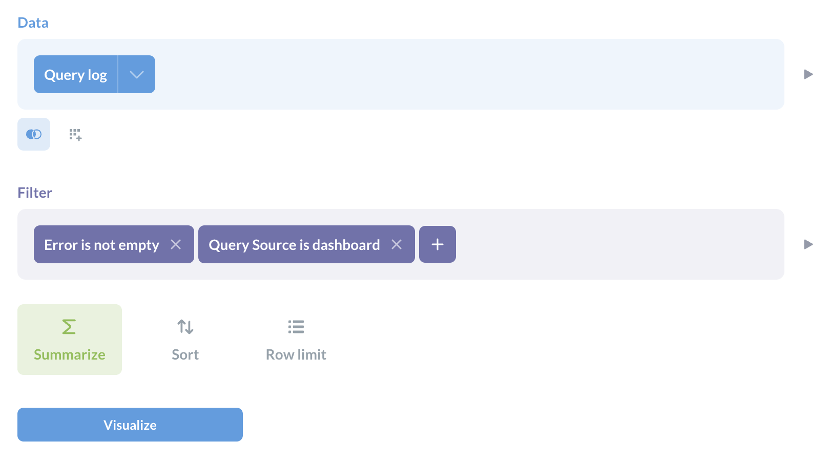 Query log in the query builder with query source and error filters