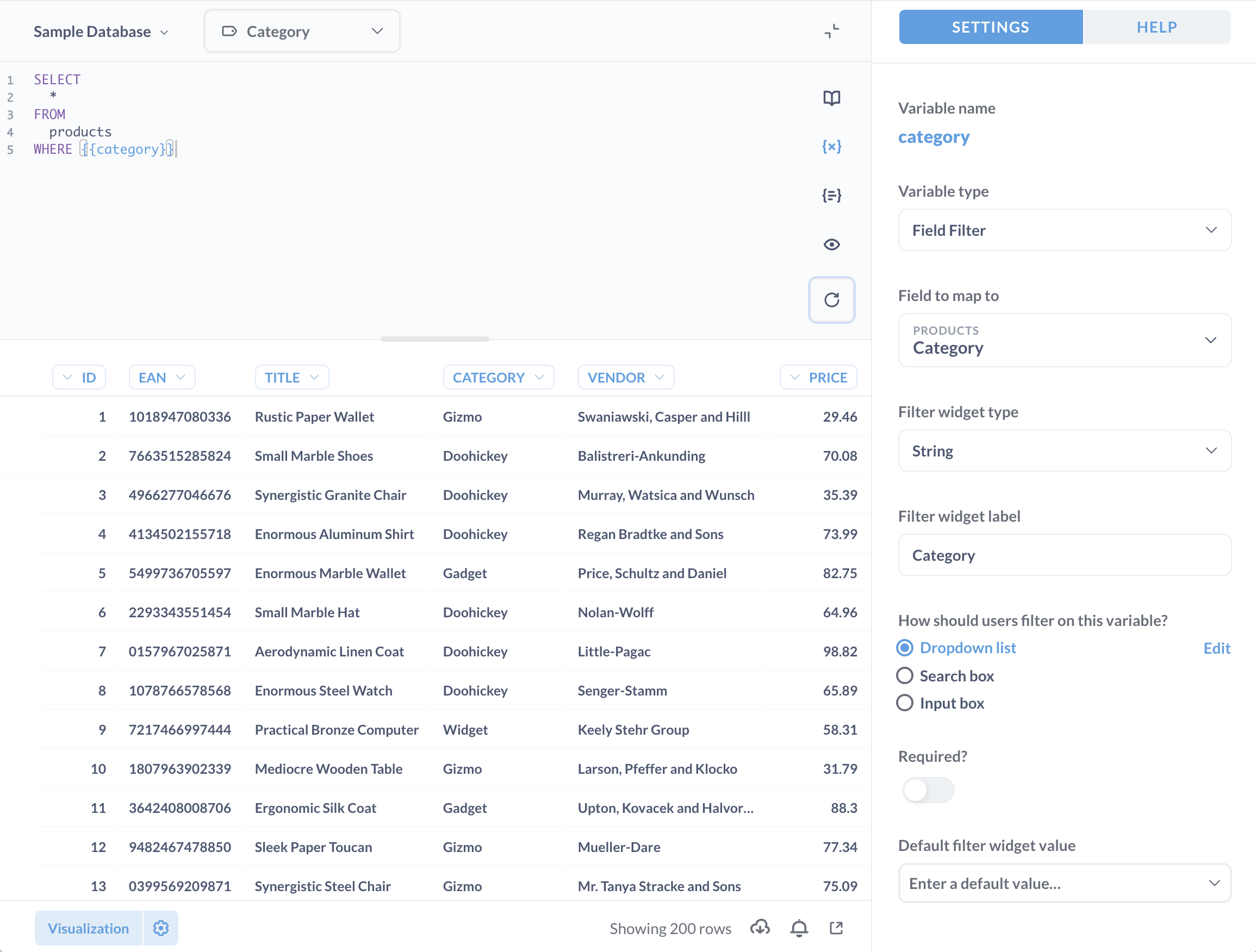 Creating a SQL question that includes a field filter mapped to the products.category field. The field filter variable is then connected to a filter widget that