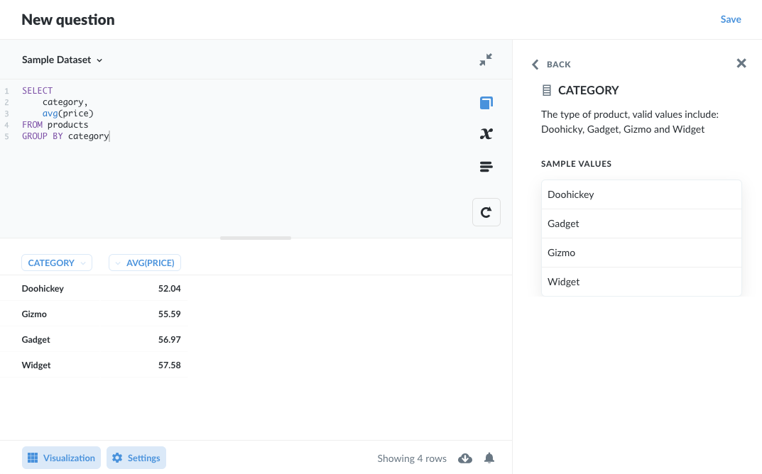 Use the Data Reference sidebar to view sample data.