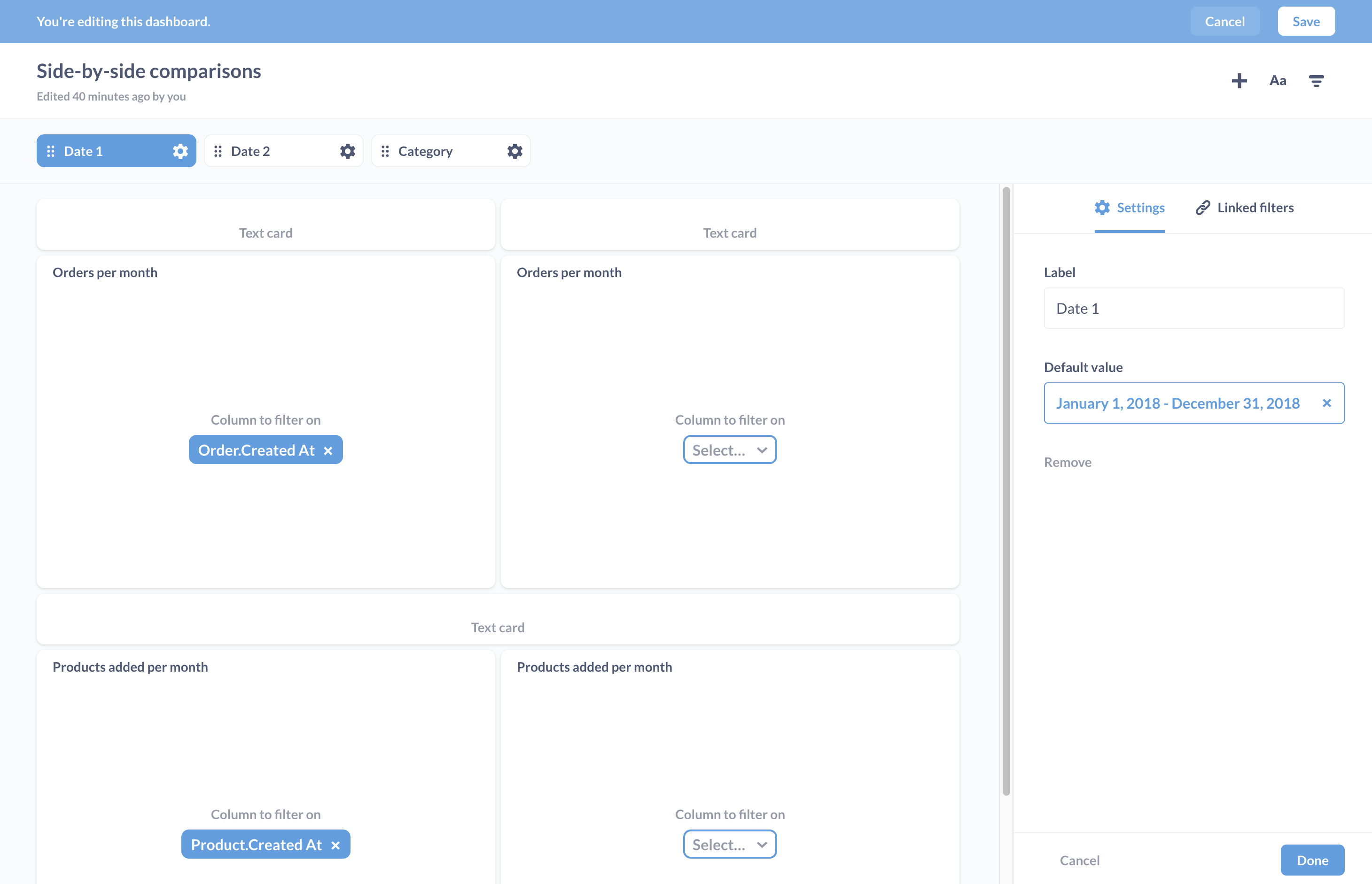 Attaching the Date 1 filter to each card on the left column (but not the right column).