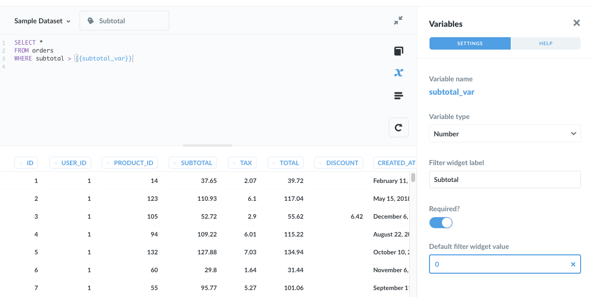 A question using a basic variable of type Number, subtotal_var, that will add a filter widget, allowing people to filter for orders greater than the value they plug in.