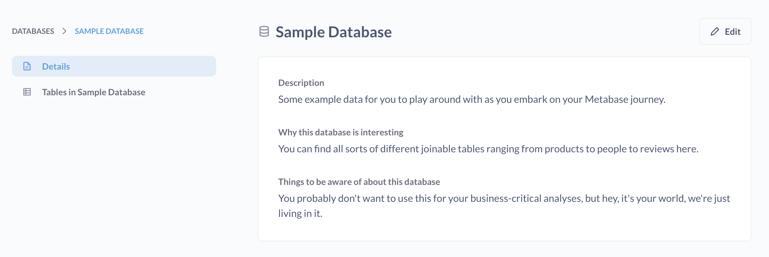 Data reference screen for the Sample Database.