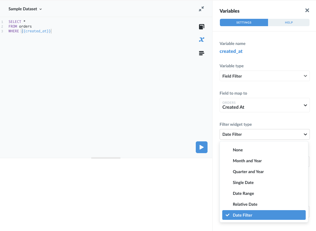 Setting the Field to map to option to a field containing dates will open up a range of Filter widget types: Month and Year, Quarter and Year, Single Date, Date Range, Relative Date, and Date Filter.