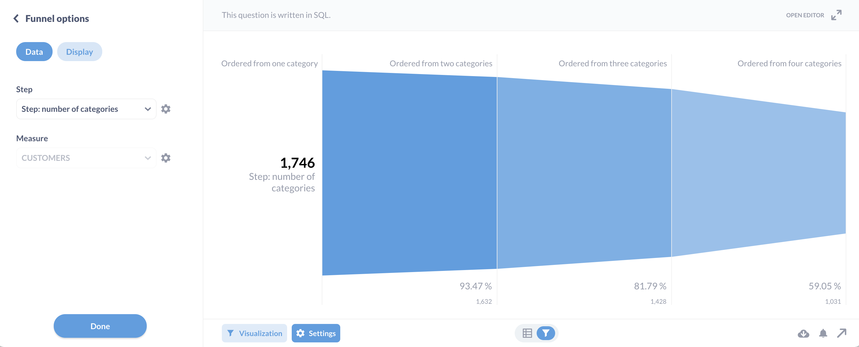 The Funnel options Data tab lets you set the Step and Measure.