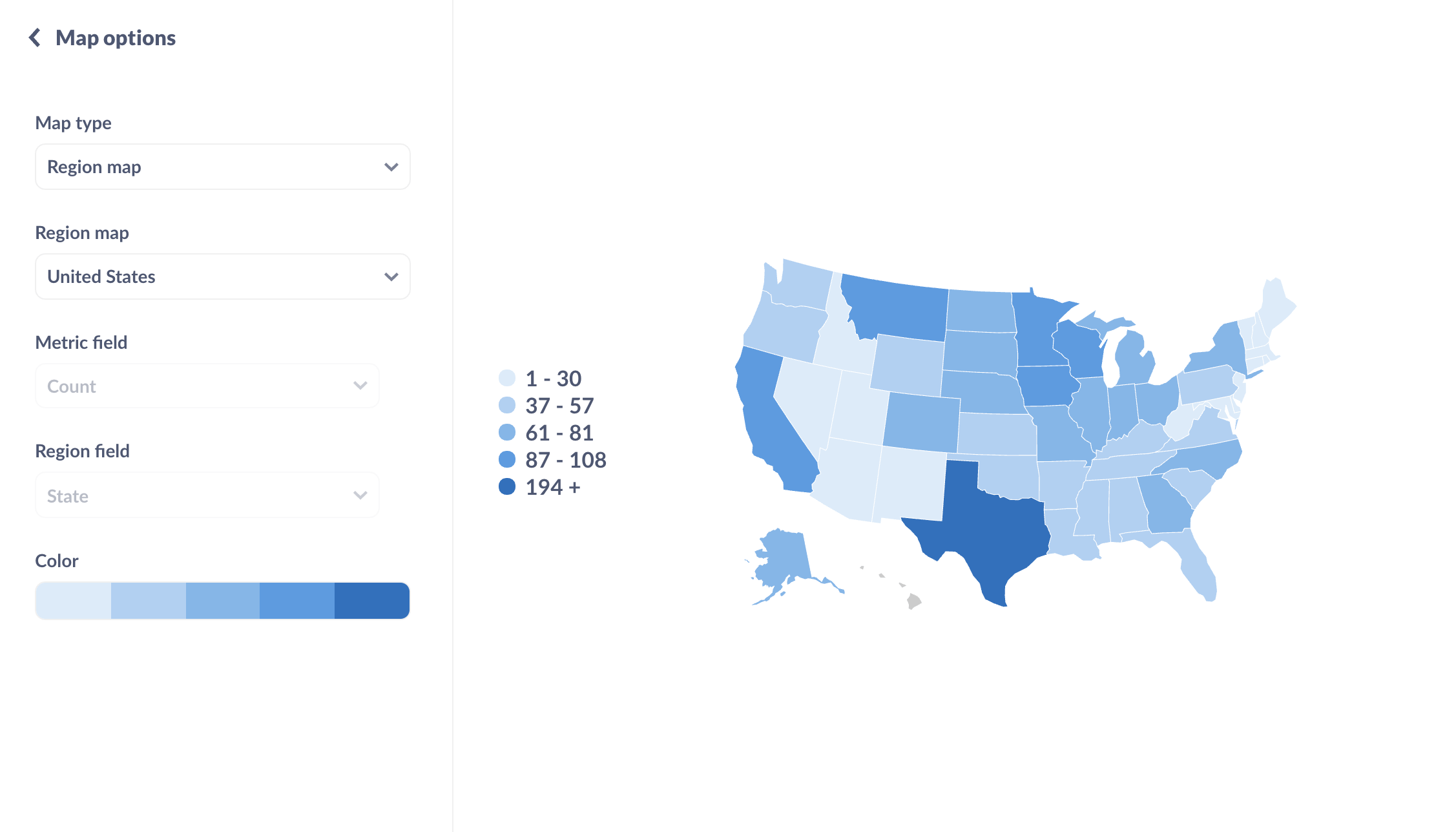 A choropleth map shades bounded regions based on the values within each region.