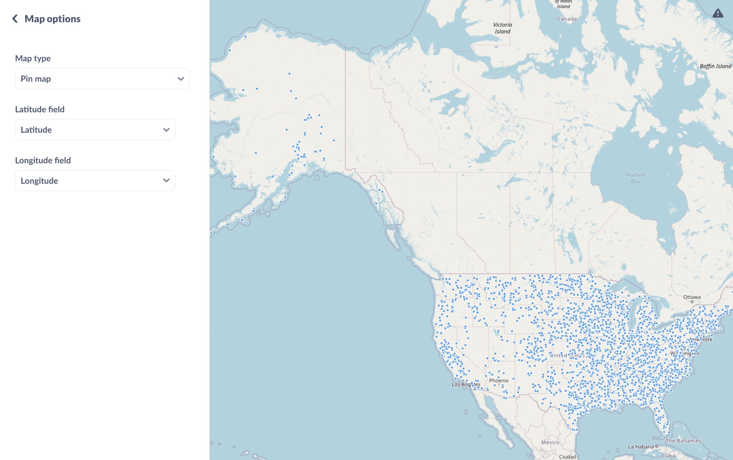 A pin map plots coordinates on a map.