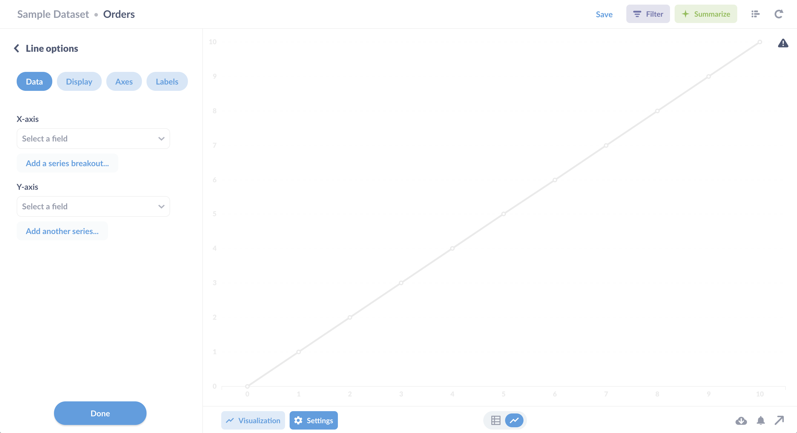 An empty line chart, before setting the x and y axes.