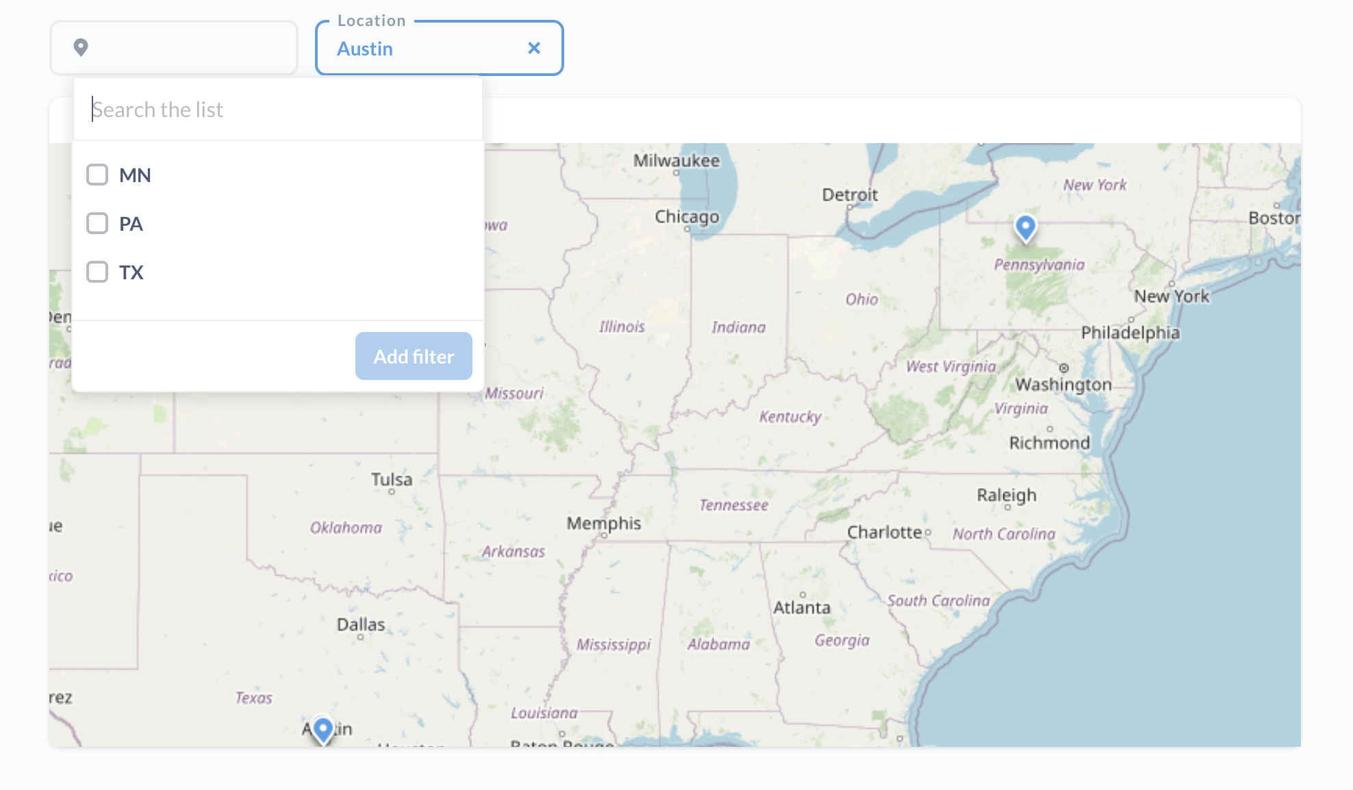 Linked filters: the State filter limiting its choices based on the value in the City filter.