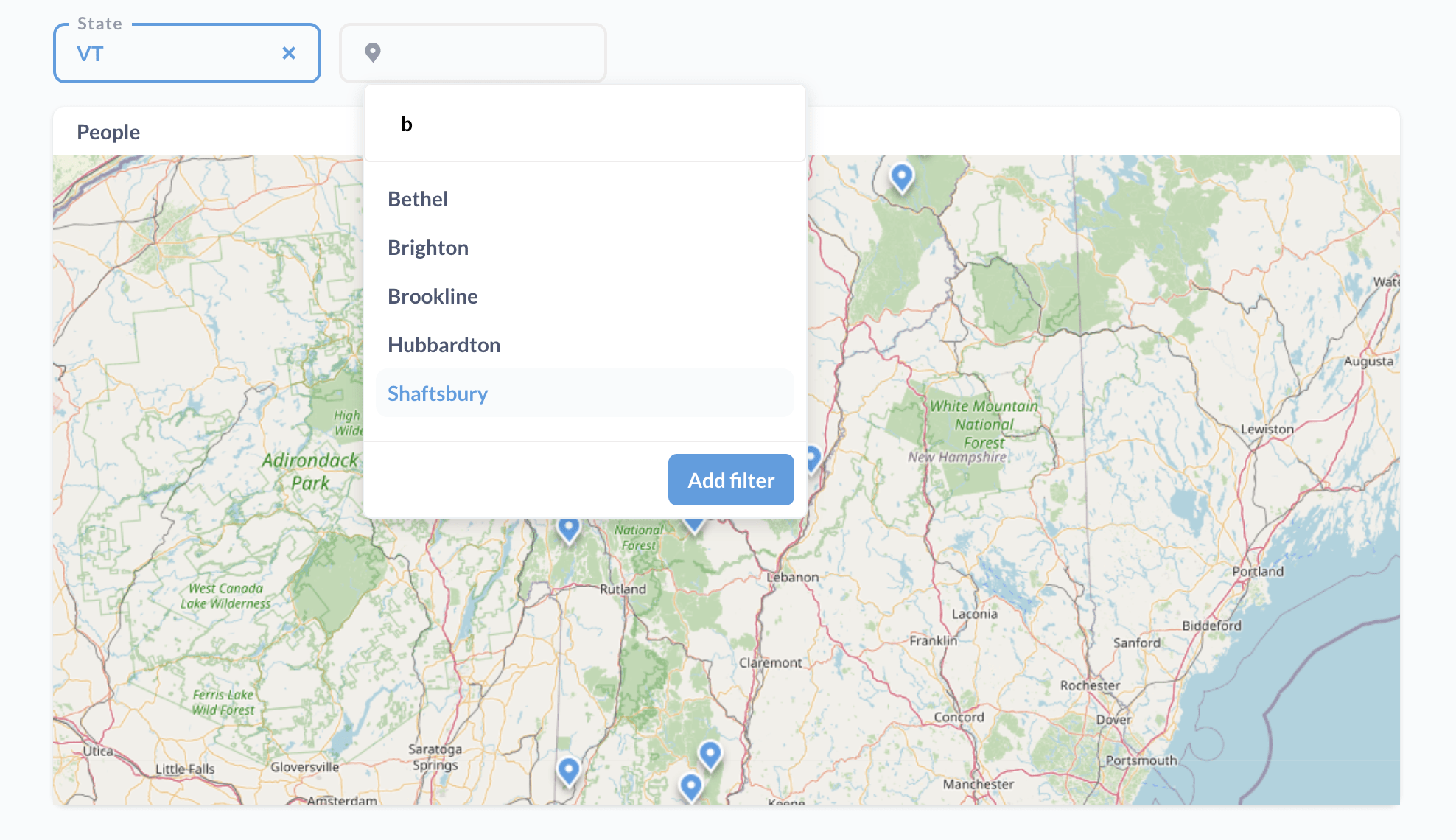 Linked filters: the City filter knows to limit its choices based on the linked State filter