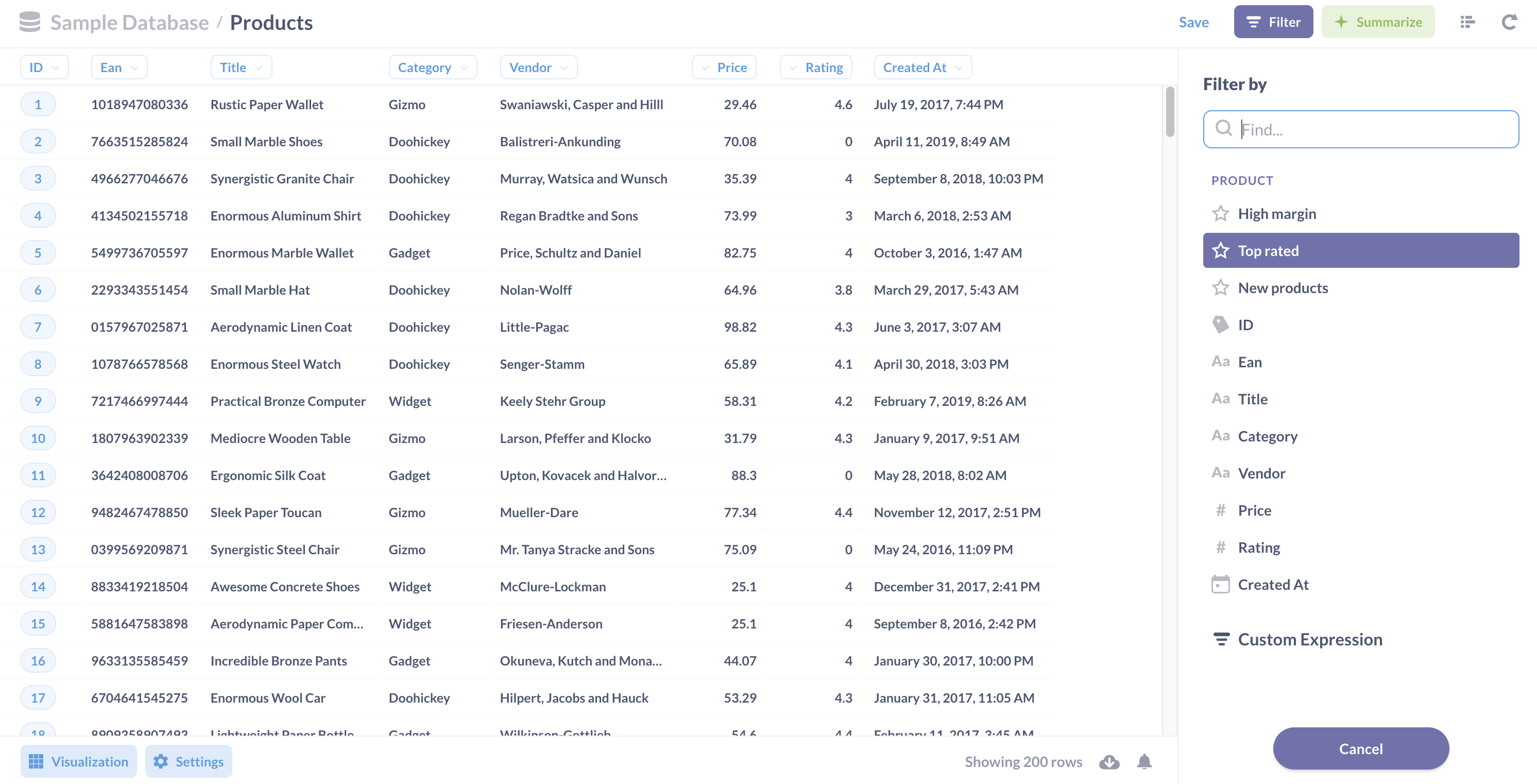 People can select Segments as preset filters when composing simple (and custom) questions. In this example, people can select from the New Products, Top rated, and High margin Segments created by administrators.