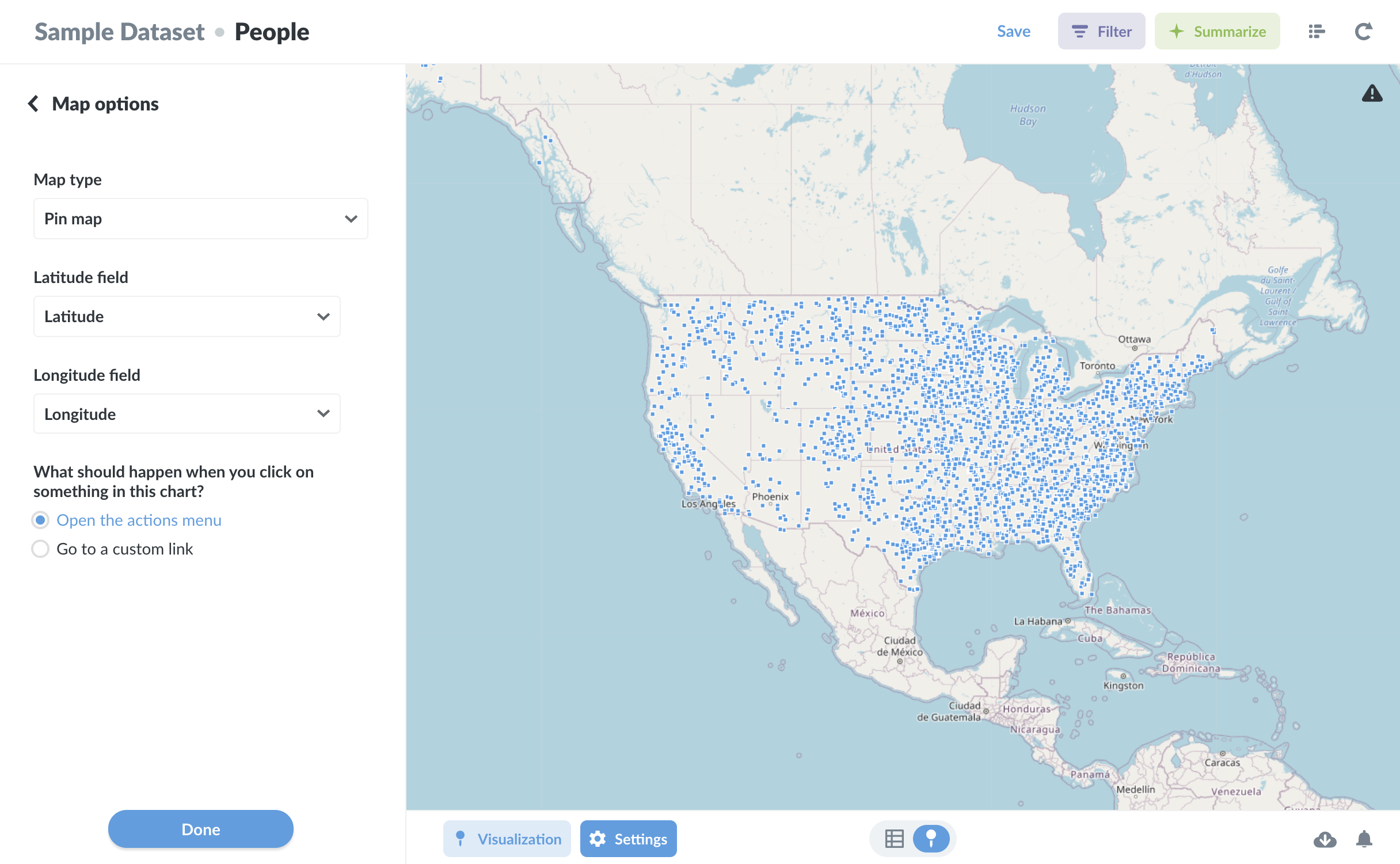 Example question using a pin map to visualize latitude and longitude. Geospatial data can add up quickly, slowing query times, so it