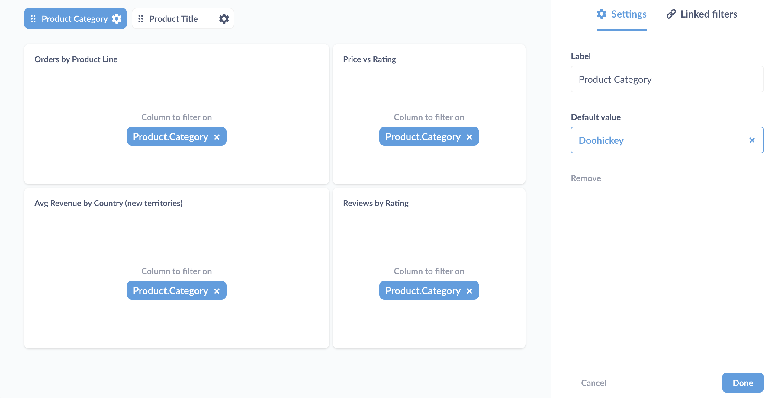 Connect a filter to multiple cards on a dashboard by specifying the field to filter.